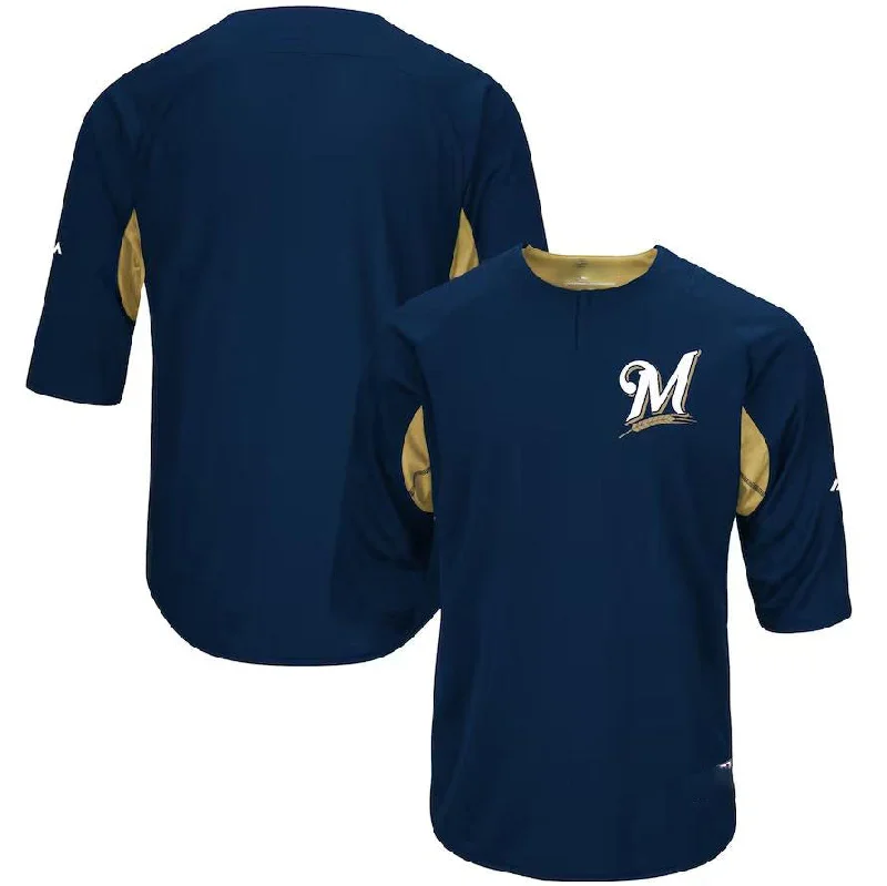 Milwaukee Brewers Navy Gold Majestic Authentic Collection On-Field Batting Practice Jersey Baseball Jerseys-NBA Replica Jerseys for Fans -