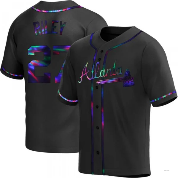 Atlanta Braves #27 Austin Riley Black Holographic Alternate Jersey Stitches Baseball Jerseys-NBA Customizable Jerseys -