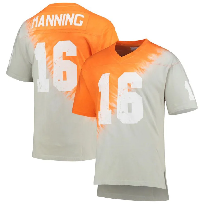 T.Volunteers #16 Peyton Manning Mitchell & Ness Name & Number Tie-Dye V-Neck T-Shirt - Gray Tennessee Orange Stitched American College Jerseys-NBA Playoff Edition Jerseys -