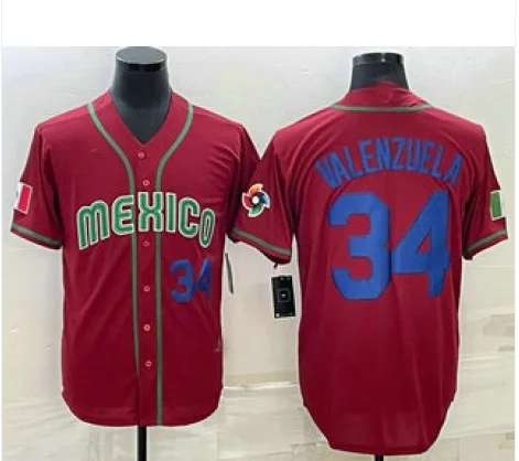 Mexico Baseball #34 Fernando Valenzuela Number 2023 Red Blue World Baseball Classic Stitched Jerseys Baseball Jerseys-NBA College Throwback Jerseys -