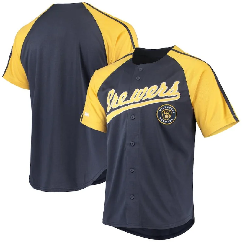 Milwaukee Brewers Navy Stitches Button-Down Raglan Replica Jersey Baseball Jersey-NBA City Edition Jerseys -